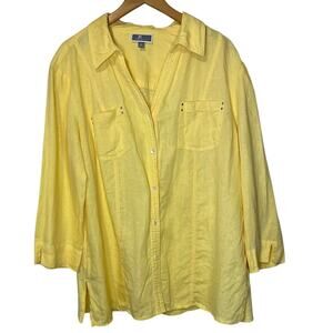 JM Collection Linen Cotton Bright Yellow Button Up Long Sleeve Classic Top Sz 14